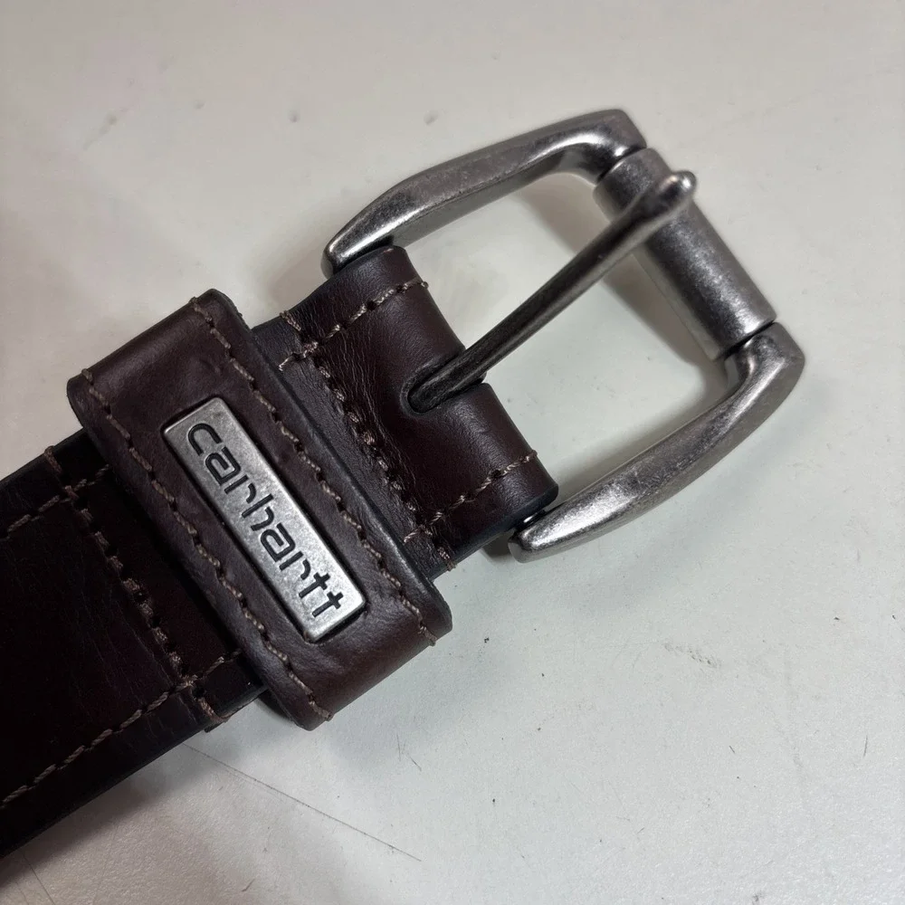 Carhartt Mens Brown Full Grain Leather Work Belt Size 44 WB5561-M Buckle Logo